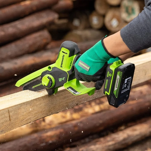 Цепная мини пила аккумуляторная GreenWorks 24V, 10см, c 1хАКБ 2Ач с USB и ЗУ 2008207USB2 фото 6
