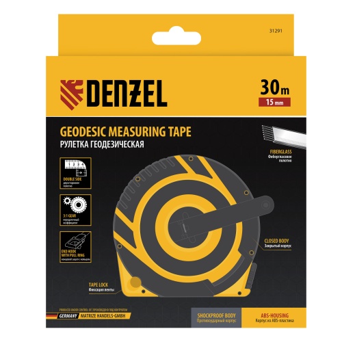Рулетка геодезическая 30 м х 15 мм, закрытый корпус, фиберглассовая лента Denzel фото 7