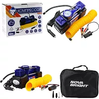 Компрессор Nova Bright АК-75L двухпоршневой, до 50 л/мин, 150 PSI, 12В, металлический корпус, в сумке, LED-фонарь 36451