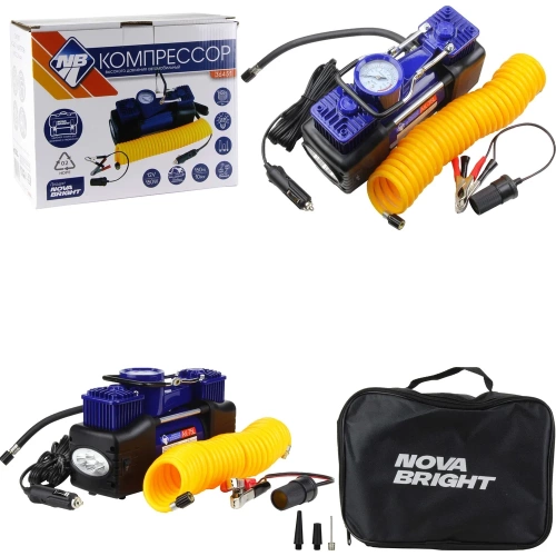 Компрессор Nova Bright АК-75L двухпоршневой, до 50 л/мин, 150 PSI, 12В, металлический корпус, в сумке, LED-фонарь 36451
