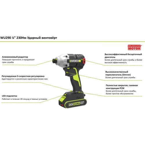 Аккумуляторный ударный винтоверт WORX Professional WU290.1 фото 3
