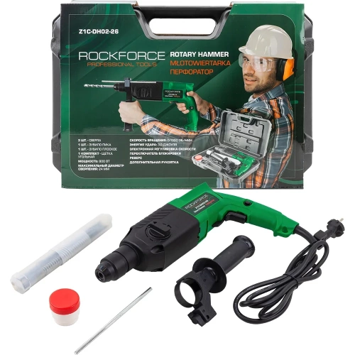 Электрический перфоратор Rockforce сверла 5,7,8x140 мм; зубило плоское 20x220 мм, пика; уголь-е щетки; 220V; 50/60 Гц; 800W; 0-1300 об/мин; 2.8 Дж, maxØ сверл.-24 мм) в кейсе RF-Z1C-DH02-26(57265)