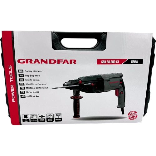 Перфоратор GRANDFAR (щетки 1 пара, зубило плоское 1 шт, пика 1 шт, бур 6/100,8/100,10/100 по 1 шт ) GBH28-850G1 фото 6