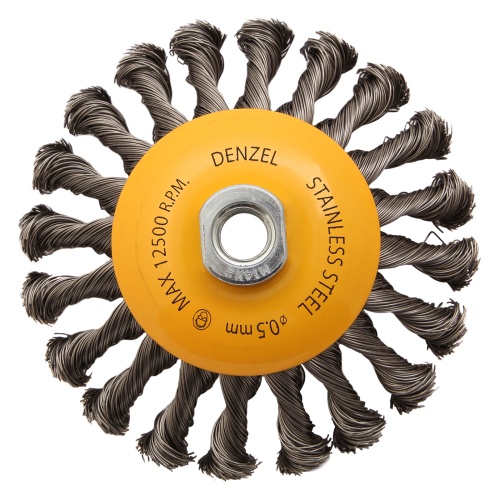 Щетка для УШМ, 125 мм, "Тарелка", крученая нержавеющая проволока 0.5 мм, М14 Denzel фото 3 Щетка для УШМ, 125 мм, "Тарелка", крученая нержавеющая проволока 0.5 мм, М14 Denzel фото 3