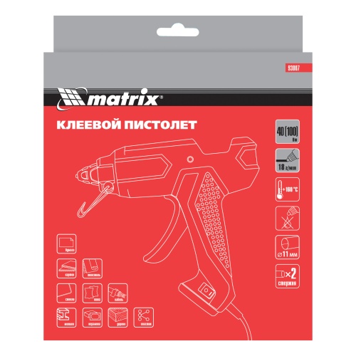 Клеевой пистолет, 11 мм, 40 (100) Вт, 18 г/мин, выключатель и индикатор напряжения Matrix фото 11