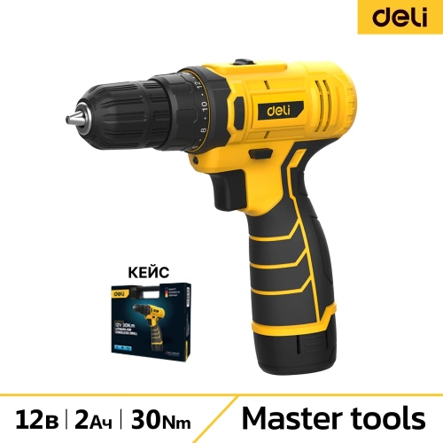 Дрель-шуруповерт аккумуляторная DELI DL-DZ12-5A2 1 акб, 12В х 2Ач, ЗУ, 30 Нм, кейс 164630 Дрель-шуруповерт аккумуляторная DELI DL-DZ12-5A2 1 акб, 12В х 2Ач, ЗУ, 30 Нм, кейс 164630