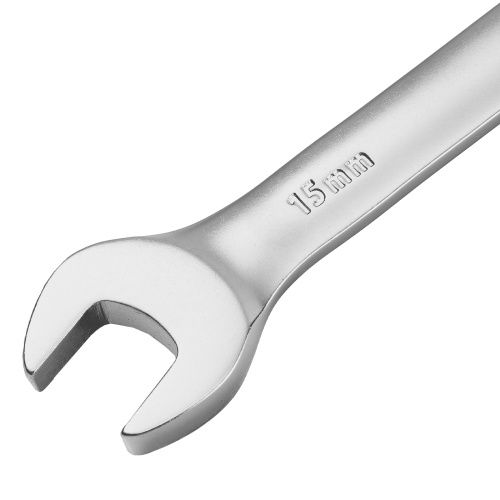 Ключ комбинированный трещоточный, 15 мм, CrV, матовый хром Denzel фото 3