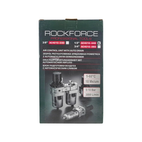 Блок подготовки воздуха 1/2'', фильтр-регулятор + лубрикатор (10 Мк, 3000 л/мин, 0-10 bar, рабочая температура 5°-60°, автоматический слив) Rockforce RF-AC4010-04D(54486) фото 4 Блок подготовки воздуха 1/2'', фильтр-регулятор + лубрикатор (10 Мк, 3000 л/мин, 0-10 bar, рабочая температура 5°-60°, автоматический слив) Rockforce RF-AC4010-04D(54486) фото 4