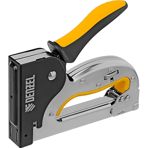 Степлер металлический Denzel скобы в комплекте, плавная регулировка удара, 2К рукоятка, тип 53, 4-14 мм 40223 Степлер металлический Denzel скобы в комплекте, плавная регулировка удара, 2К рукоятка, тип 53, 4-14 мм 40223