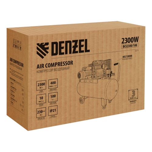 Компрессор воздушный BCI2300/100, ременный привод, 2.3 кВт, 100 литров, 400 л/мин Denzel фото 6