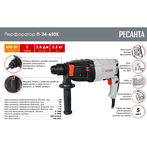Перфоратор Ресанта П-24-650К 75/3/4 фото 3 Перфоратор Ресанта П-24-650К 75/3/4 фото 3