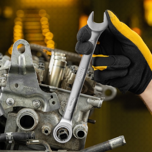 Ключ комбинированный трещоточный, 19 мм, CrV, матовый хром Denzel фото 7