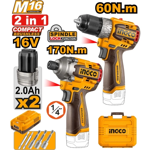 Набор INGCO 16В BL винтоверт 170Нм и шуруповерт 60Нм INDUSTRIAL COSLI240968 фото 3 Набор INGCO 16В BL винтоверт 170Нм и шуруповерт 60Нм INDUSTRIAL COSLI240968 фото 3