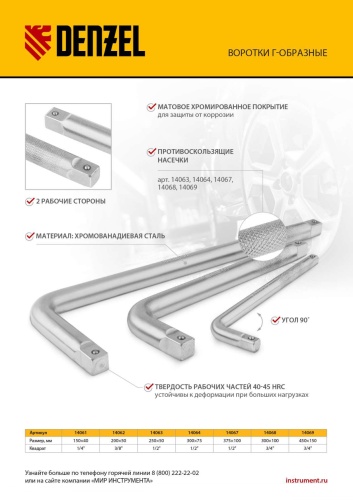 Вороток Г-образный, 250*50 мм, квадрат 1/2", CrV, матовый хром Denzel фото 12 Вороток Г-образный, 250*50 мм, квадрат 1/2", CrV, матовый хром Denzel фото 12