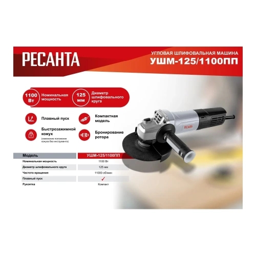 Углошлифовальная машина Ресанта УШМ-125/1100 ПП 75/12/15 фото 4 Углошлифовальная машина Ресанта УШМ-125/1100 ПП 75/12/15 фото 4