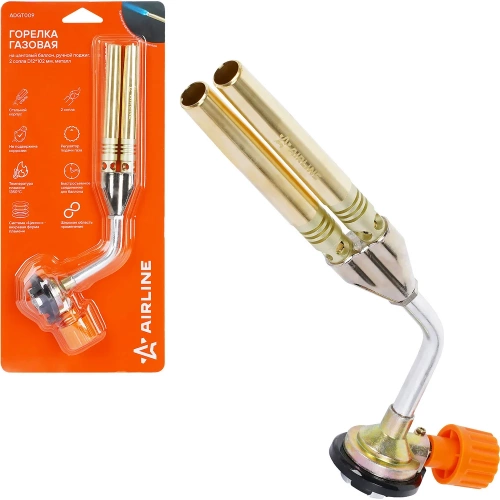 Горелка газовая на цанговый баллон, Airline ручн.поджиг, 2 сопла D12x102 мм, металл ADGT009