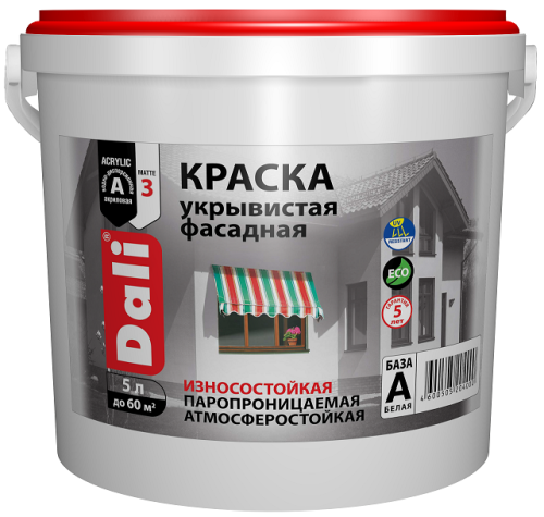 Краска укрывистая фасадная Dali износостойкая супербелая 5 л