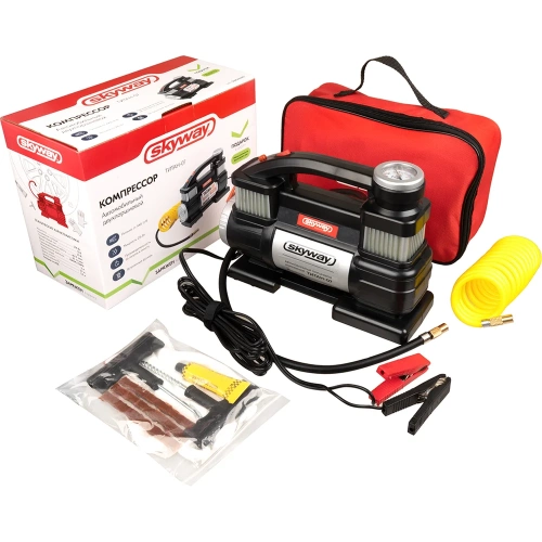 Металлический компрессор 65л/мин 2х поршневой с крокодилами SKYWAY ТИТАН-07 с фонарём, в сумке S02001020