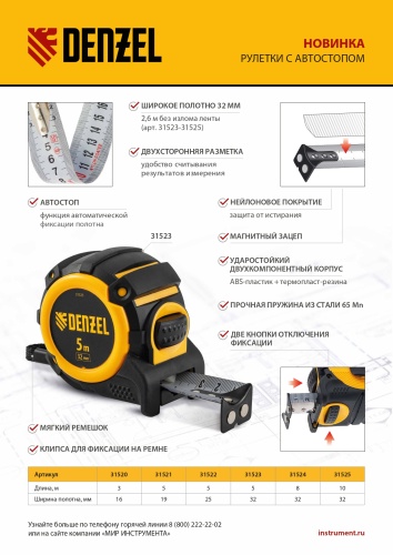 Рулетка 5м х 32мм, автоматич. фиксац., нейлон. покрытие, магнит. зацеп, двухстор. разметка Denzel фото 7