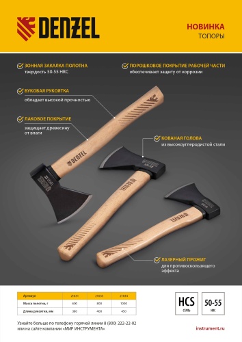 Топор, 1000 г, кованый, буковое топорище Denzel фото 11