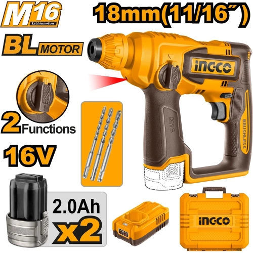 Аккумуляторный перфоратор 16В BL 1.8Дж 2хАКБ 2Ач и ЗУ   INDUSTRIAL INGCO CRHLI16168 фото 3