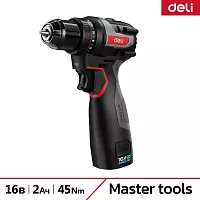 Дрель-шуруповерт аккумуляторная DELI DE-DZ16-1D2 (2 акб, 16В х 2Ач, ЗУ, 45Нм, сумка) 163688