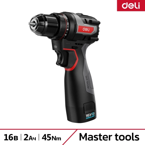 Дрель-шуруповерт аккумуляторная DELI DE-DZ16-1D2 (2 акб, 16В х 2Ач, ЗУ, 45Нм, сумка) 163688 Дрель-шуруповерт аккумуляторная DELI DE-DZ16-1D2 (2 акб, 16В х 2Ач, ЗУ, 45Нм, сумка) 163688