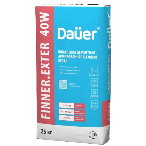 Шпатлевка цементная базовая Dauer Finner Exter 40 W армированная белая 25 кг фото 4