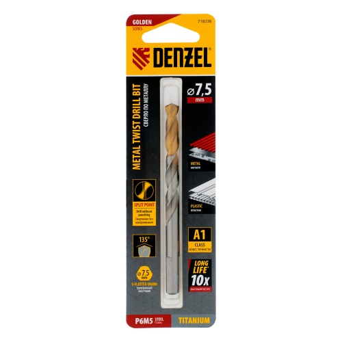 Сверло спиральное по металлу 7,5 x 109 мм, Р6М5, Golden Tip  Denzel фото 5