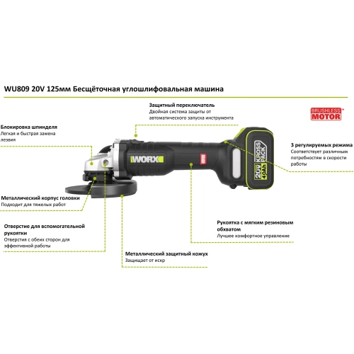 Аккумуляторная угловая шлифмашина WORX Professional WU809.1 фото 3 Аккумуляторная угловая шлифмашина WORX Professional WU809.1 фото 3