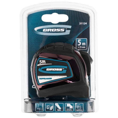 Рулетка "Doppelhaken",5 м x 25 мм,двухсторонний зацеп,Нейлон,двусторонняя шкала,автоматическая фиксация Gross фото 6