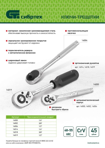 Ключ-трещотка 1/4", 45 зубьев, с быстрым сбросом, CrV, хром Сибртех фото 13