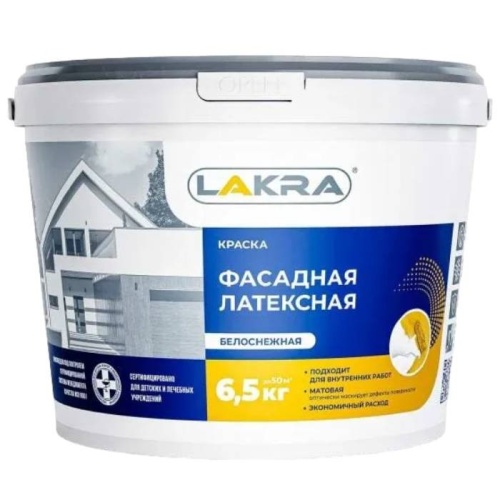 Краска фасадная латексная Лакра белоснежная 6,5 кг Краска фасадная латексная Лакра белоснежная 6,5 кг