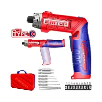 Отвертка аккумуляторная emtop напряжение: 8 В Шестигранный хвостовик: 1/4 " Скорость холостого хода: 220 об / мин Максимальный крутящий момент: 6 Нм ECSR0803