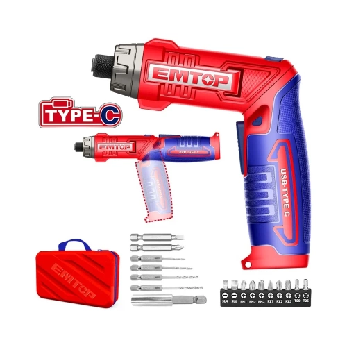 Отвертка аккумуляторная emtop напряжение: 8 В Шестигранный хвостовик: 1/4 " Скорость холостого хода: 220 об / мин Максимальный крутящий момент: 6 Нм ECSR0803