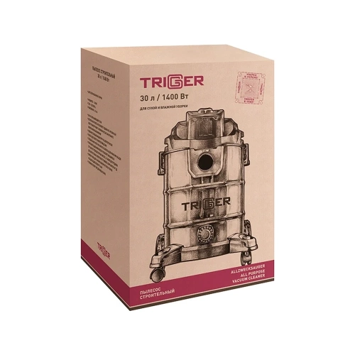 Строительный пылесос ТРИГГЕР 20701 сетевой 1400Вт, н/ж бак=30л, Lкабеля=5м, розетка тов-220314 фото 4