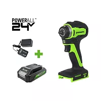 Гайковерт ударный GreenWorks G24IW200, 24V, б/щет, 0-2400об/мин, 3200уд/мин, 3/8'', 200Нм, 1x2Ач, ЗУ, коробка 3803607VUA