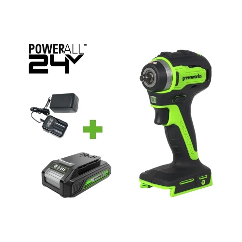 Гайковерт ударный GreenWorks G24IW200, 24V, б/щет, 0-2400об/мин, 3200уд/мин, 3/8'', 200Нм, 1x2Ач, ЗУ, коробка 3803607VUA Гайковерт ударный GreenWorks G24IW200, 24V, б/щет, 0-2400об/мин, 3200уд/мин, 3/8'', 200Нм, 1x2Ач, ЗУ, коробка 3803607VUA