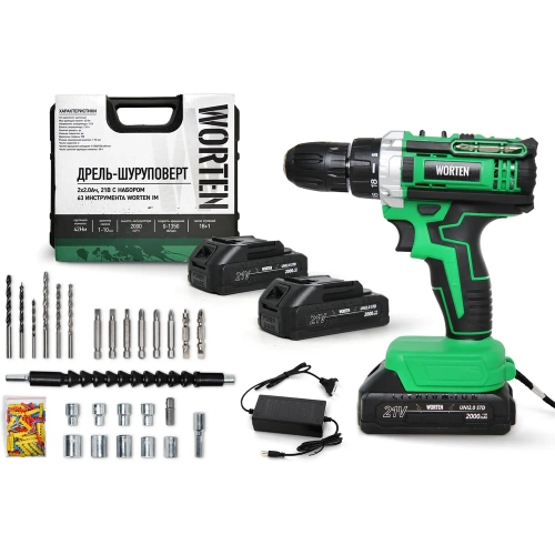 Дрель-шуруповерт WORTEN 2x2.0Ач, 21В, с набором 63 инструмента IM КА-90000574 Дрель-шуруповерт WORTEN 2x2.0Ач, 21В, с набором 63 инструмента IM КА-90000574