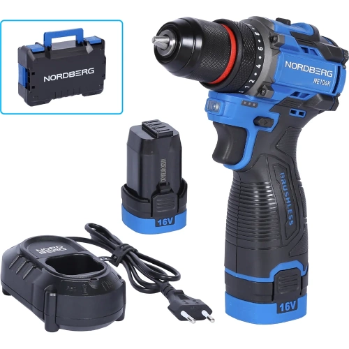 Шуруповерт аккумуляторный NORDBERG макс. диам. сверла 10 мм, 16 В, 60 Нм с 2 аккумуляторами и зарядным уст-вом NE104K