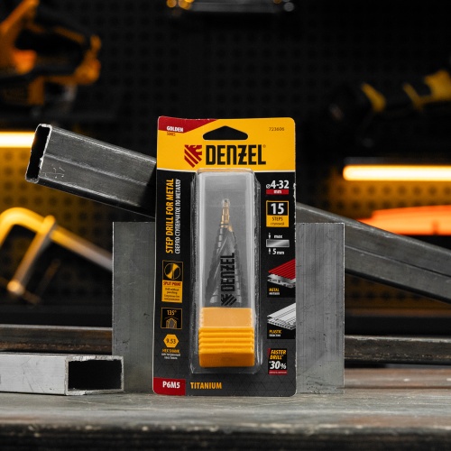Сверло ступенчатое, 4-6-8-10-12-14-16-18-20-22-24-26-28-30-32 мм, Р6М5, 6-гр. хвостовик Denzel фото 8