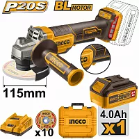 Аккумуляторная угловая шлифовальная машина INGCO 20 В, 115/125 мм 1xАКБ 4.0 Ач и ЗУ кейс CAGLI2111561