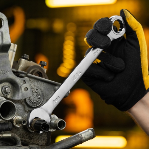 Ключ комбинированный трещоточный, 19 мм, CrV, матовый хром Denzel фото 9