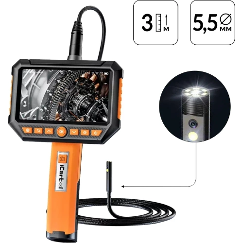 Видеоэндоскоп промышленный iCarTool экран 5, 2 камеры, 2Мп, 1920х1080, 3м, 5.5 мм сменный зонд IC-V116B-3 Видеоэндоскоп промышленный iCarTool экран 5, 2 камеры, 2Мп, 1920х1080, 3м, 5.5 мм сменный зонд IC-V116B-3