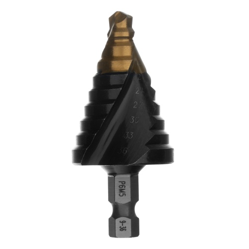 Сверло ступенчатое, 9-12-15-18-21-24-27-30-33-36 мм, Р6М5, 6-гр. хвостовик Denzel фото 2