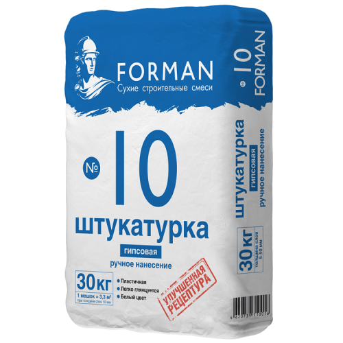 Штукатурка гипсовая Forman 10 для ручного нанесения без шпатлевания 5-30 мм белая 30 кг Штукатурка гипсовая Forman 10 для ручного нанесения без шпатлевания 5-30 мм белая 30 кг