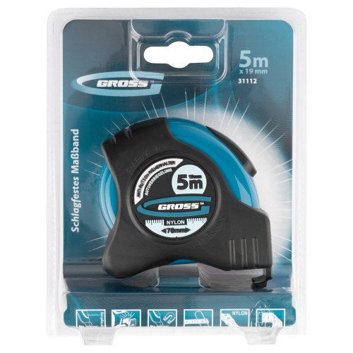 Рулетка "Schlagfest",5 м x 19 мм,магнитный обрезиненный зацеп,двусторонняя шкала,Нейлоновое покрытие,автоматическая фиксация Gross фото 6 Рулетка "Schlagfest",5 м x 19 мм,магнитный обрезиненный зацеп,двусторонняя шкала,Нейлоновое покрытие,автоматическая фиксация Gross фото 6