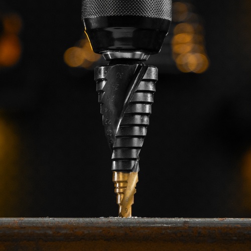 Сверло ступенчатое, 6-8-10-12-14-16-18-20-22-24-26-28-30мм, Р6М5, 6-гр. хвостовик Denzel фото 11