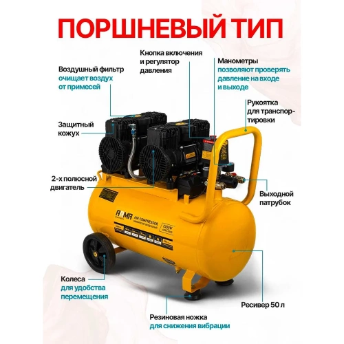 Компрессор воздушный безмасляный малошумный ARMA 2,2 кВт, 50л ресивер, 350 л/мин ARSC-50X2 фото 8