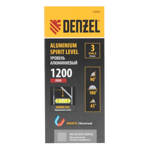 Уровень алюминиевый, магнит, фрезерованный, 3 глазка (1 зеркал.) 0,5 мм/м, 1200 мм Denzel фото 10